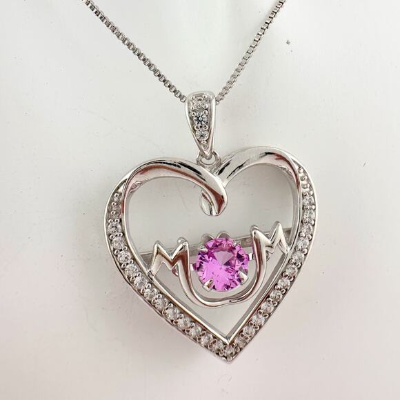 "Mom" Dancing Heart Necklace with Lab Created Pink & White Sapphires - Picture 6 of 9